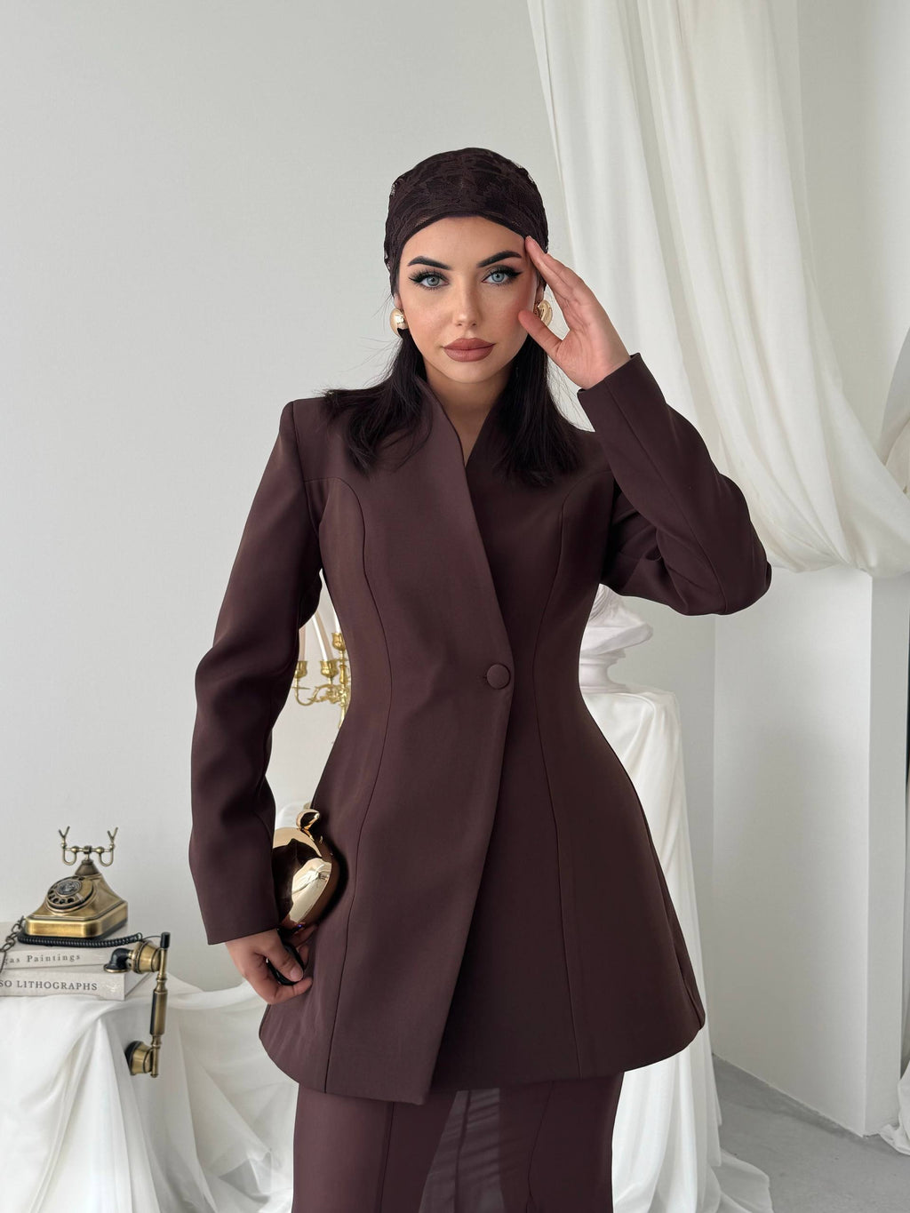 Yaka Detaylı Blazer Ceket Şifon Etek Takım - Uzun Kollu Kadın Takım Elbise