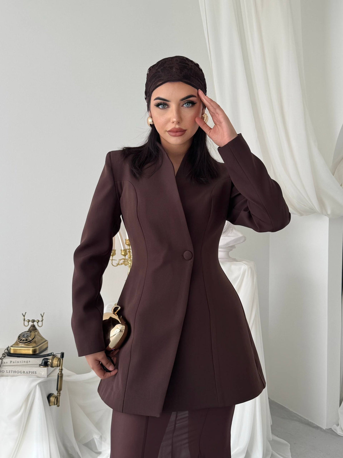 Yaka Detaylı Blazer Ceket Şifon Etek Takım - Uzun Kollu Kadın Takım Elbise