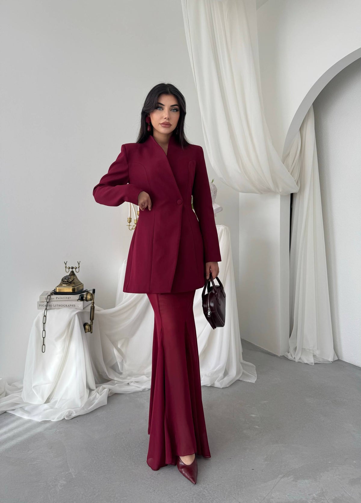 Yaka Detaylı Blazer Ceket Şifon Etek Takım - Uzun Kollu Kadın Takım Elbise