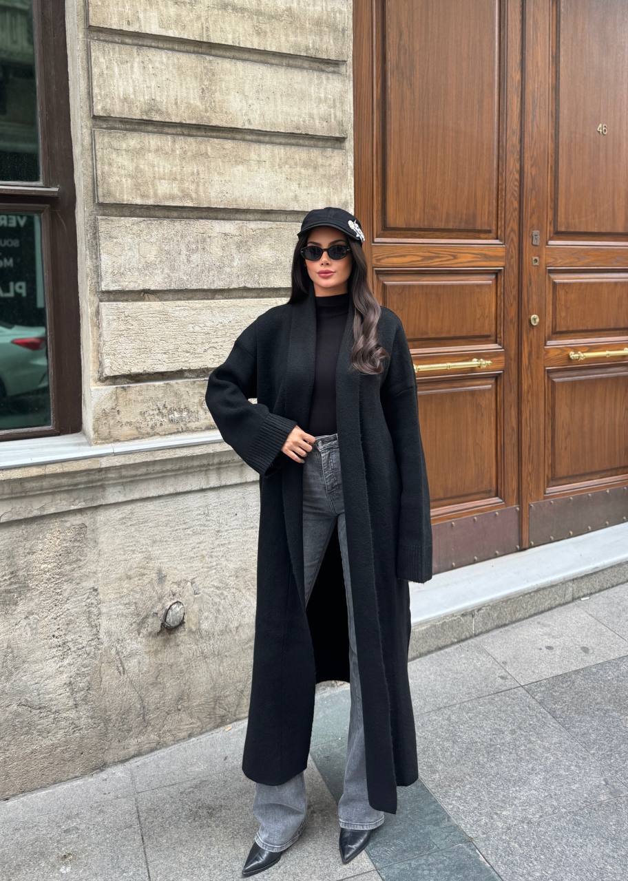 Selanik Örgü Şal Yaka Oversize Maxi Kadın Hırka