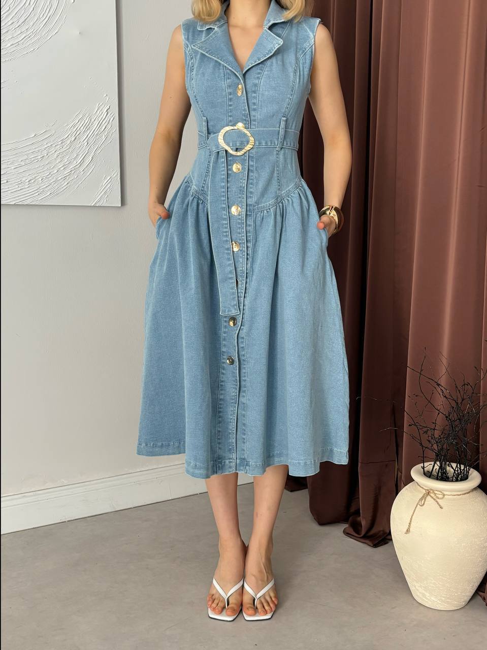 Mavi denim elbise tam boy görünüm