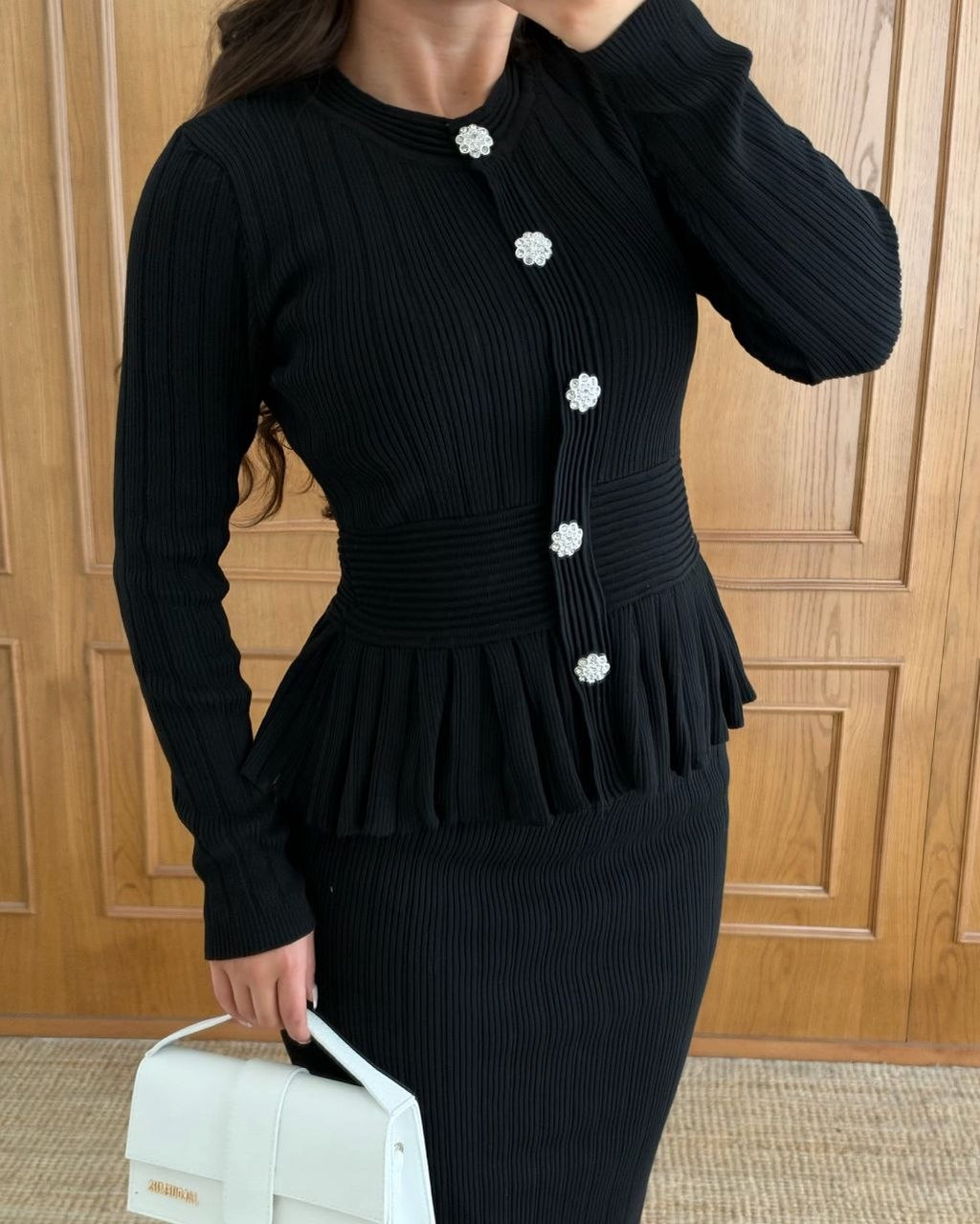 Bel Korsajlı Taş Düğmeli Triko Takım - Bordo