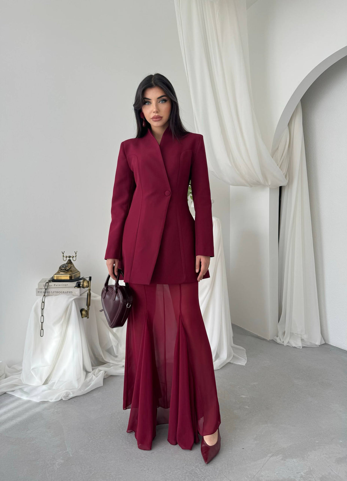 Yaka Detaylı Blazer Ceket Şifon Etek Takım - Uzun Kollu Kadın Takım Elbise