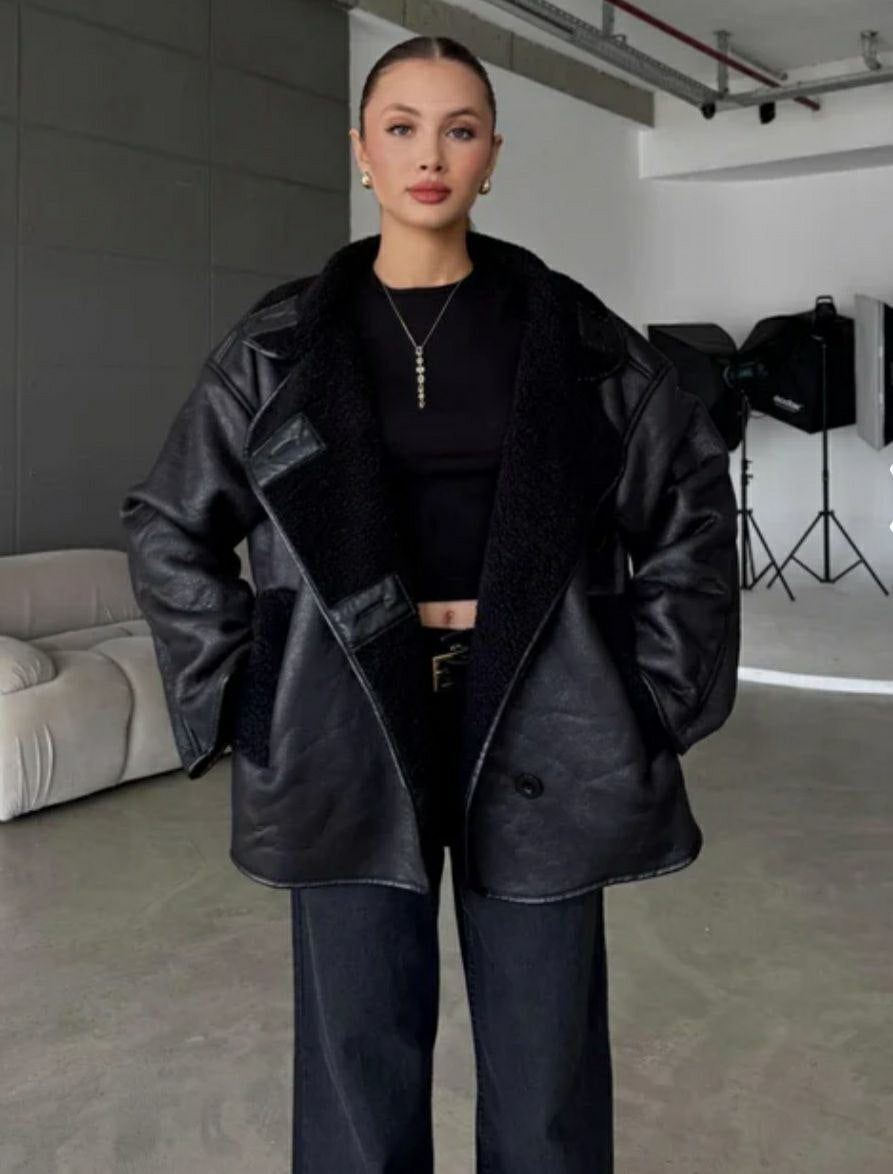 Kürk Astarlı Oversize Suni Deri Ceket - Geniş Yaka Kadın Deri Ceket