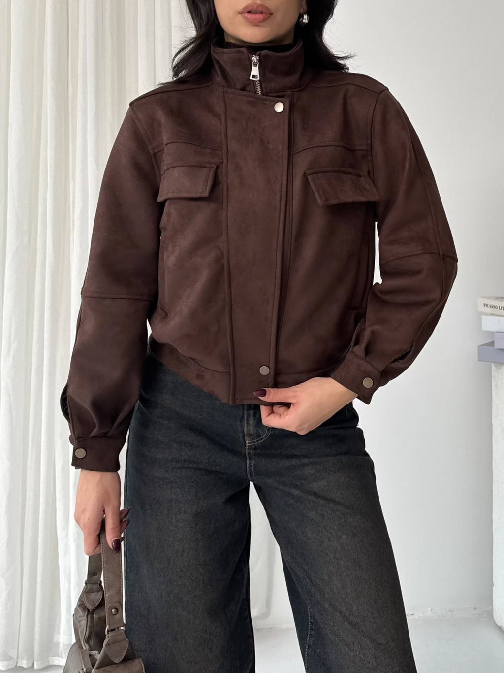 İthal Lamine Kaplı Süet Bomber Ceket