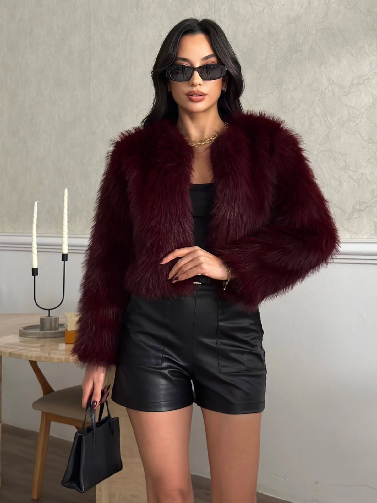 Crop Peluş Suni Kürk Ceket