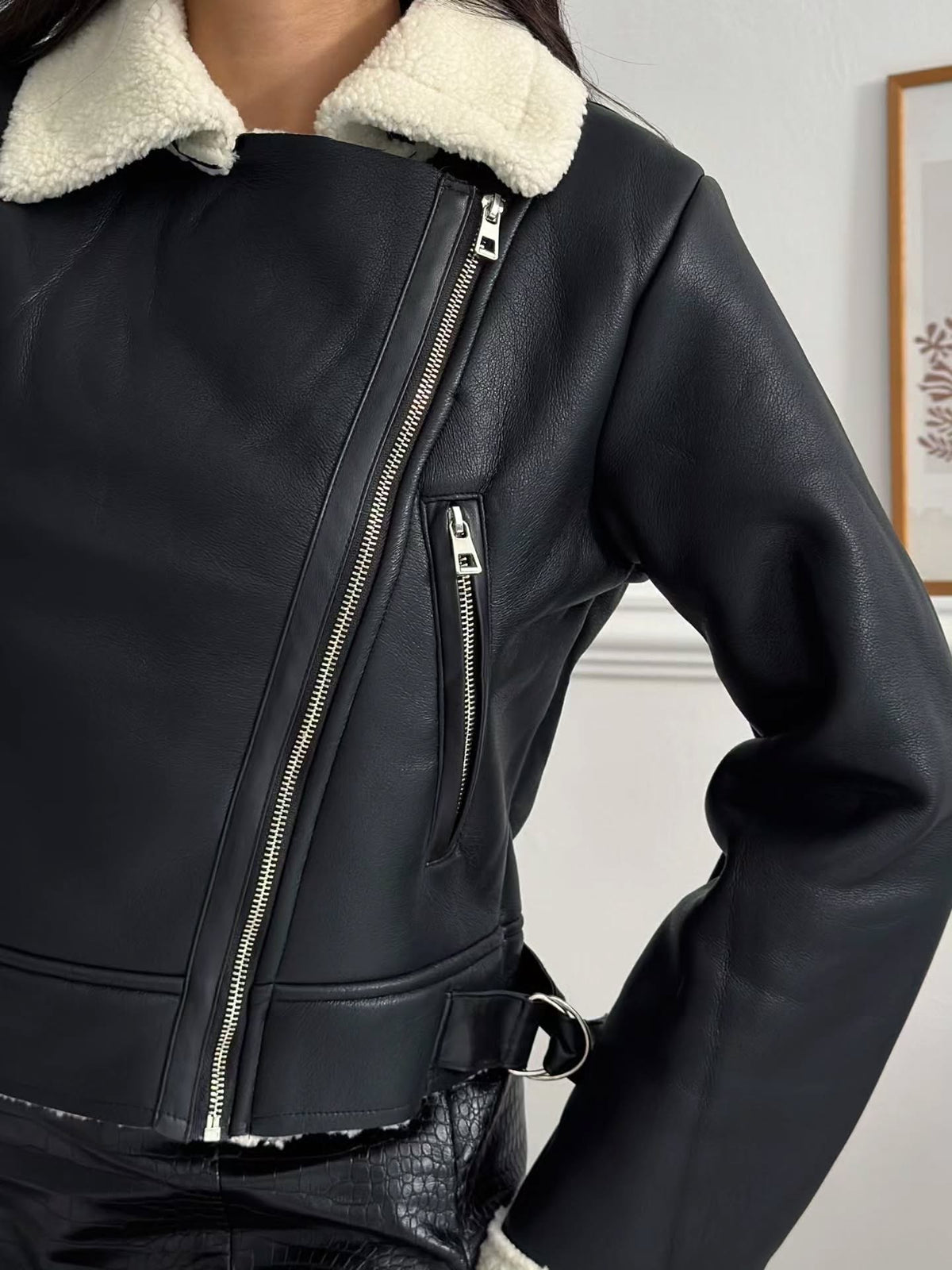 Lamine Kaplı İthal Deri Kırpık Ceket - Kuzu Yakalı Premium Biker Ceket