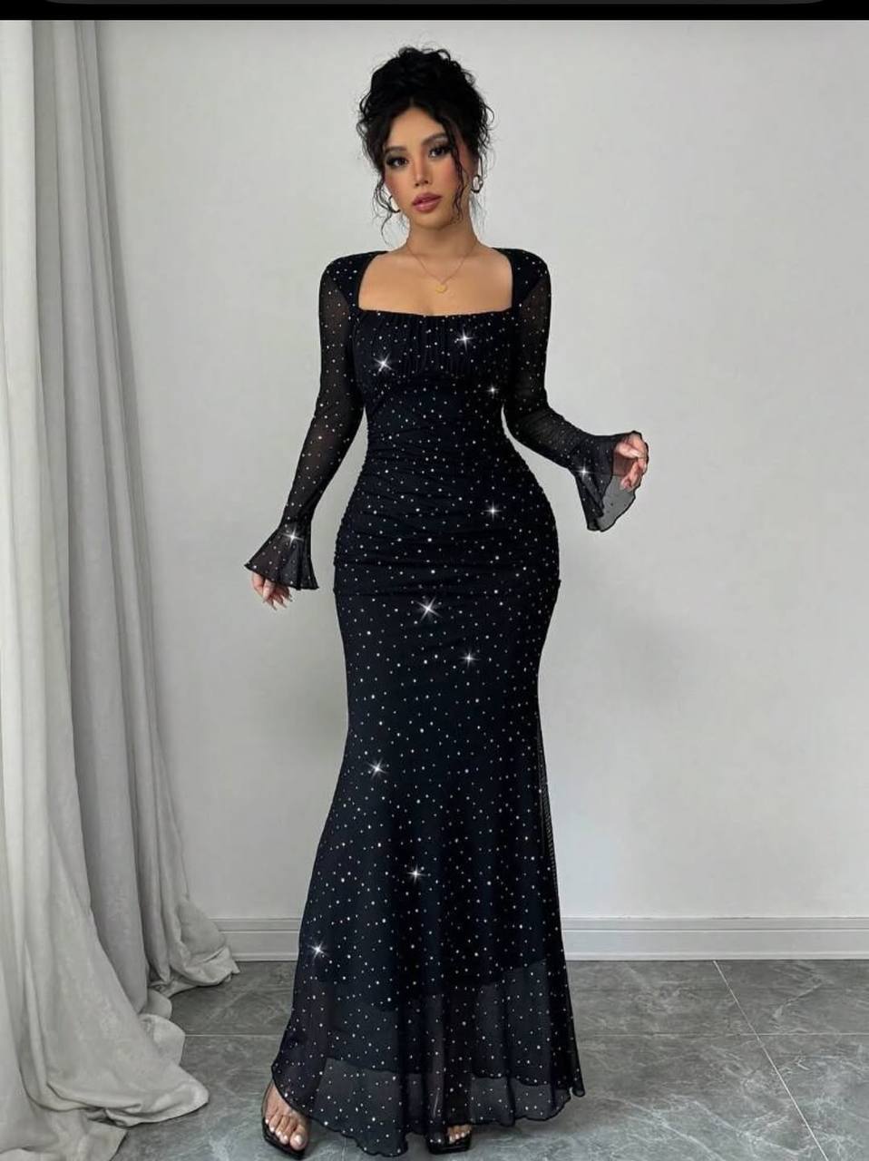 Taş İşlemeli Tül Payetli Mermaid Maxi Elbise - 2 Renk