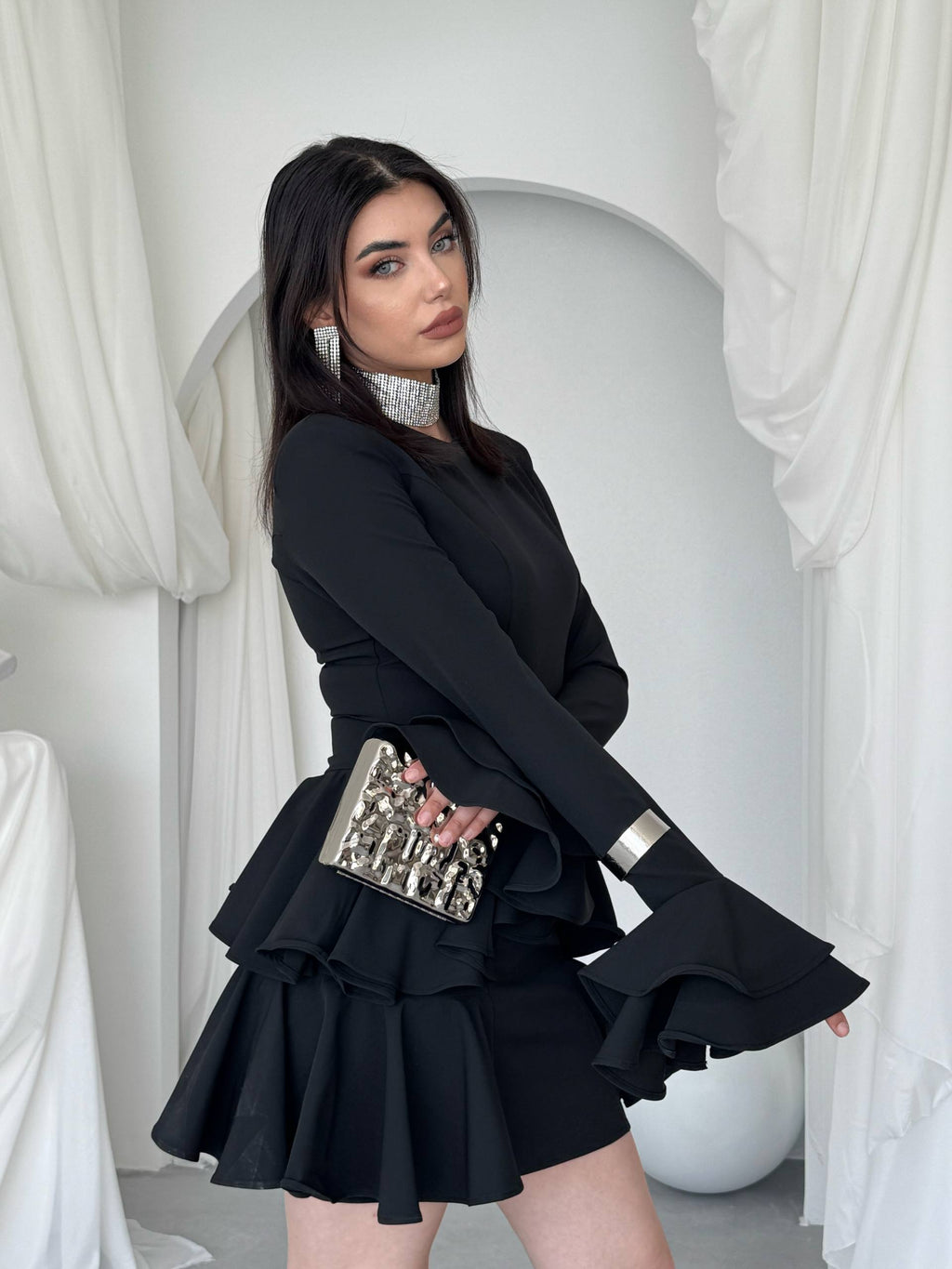 Çift Volanlı Kollu Mini Elbise - Peplum Detaylı Kadın Elbise