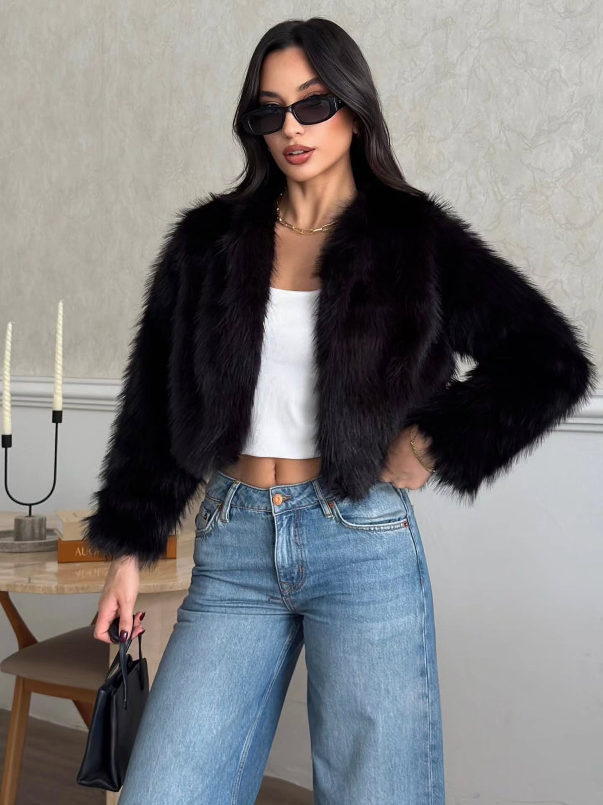 Crop Peluş Suni Kürk Ceket