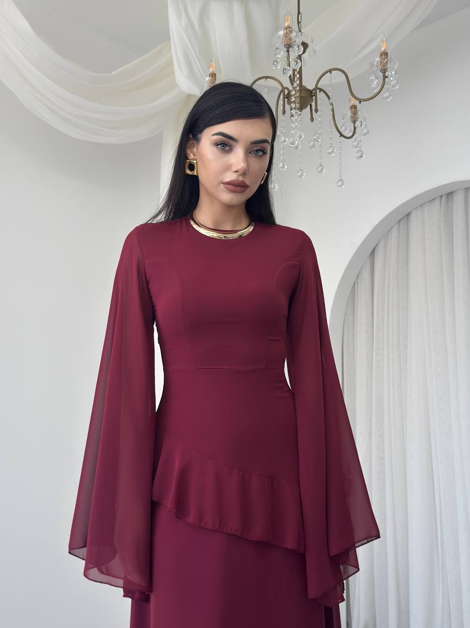 Volan Detaylı Şifon Elbise - Geniş Kollu Uzun Kadın Elbise