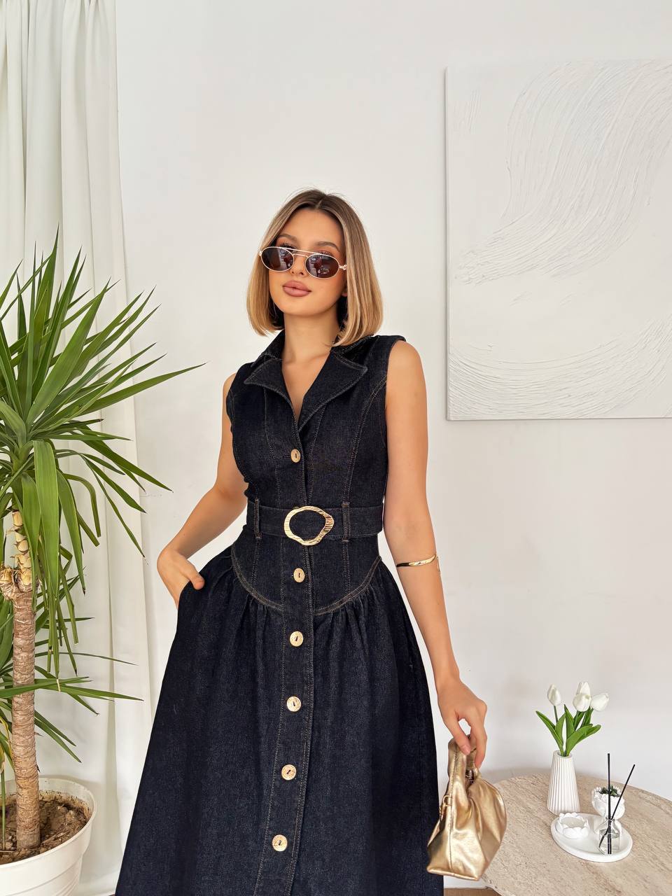 Denim Button-Down Dress with Belt Detail