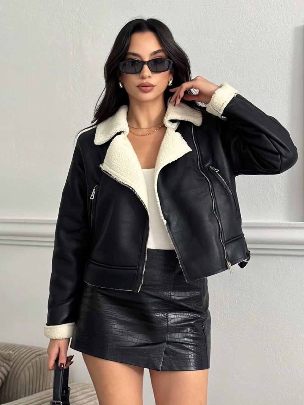 Lamine Kaplı İthal Deri Kırpık Ceket - Kuzu Yakalı Premium Biker Ceket