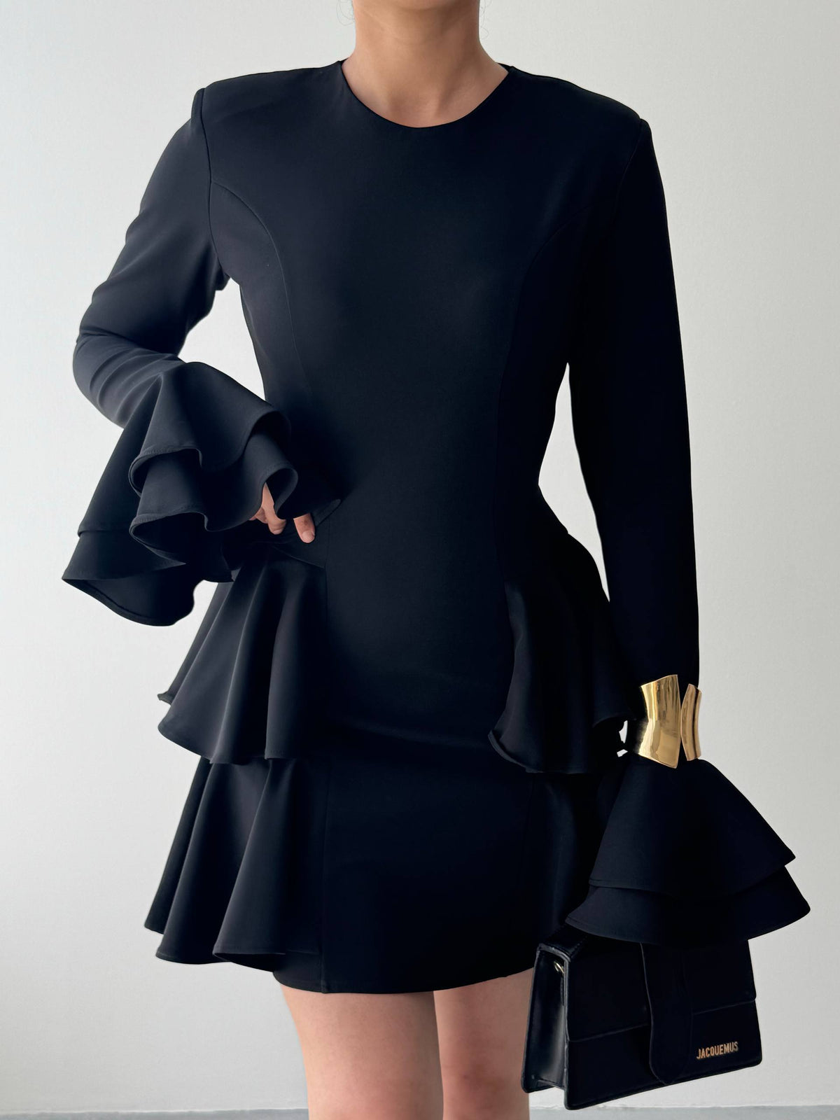 Çift Volanlı Kollu Mini Elbise - Peplum Detaylı Kadın Elbise