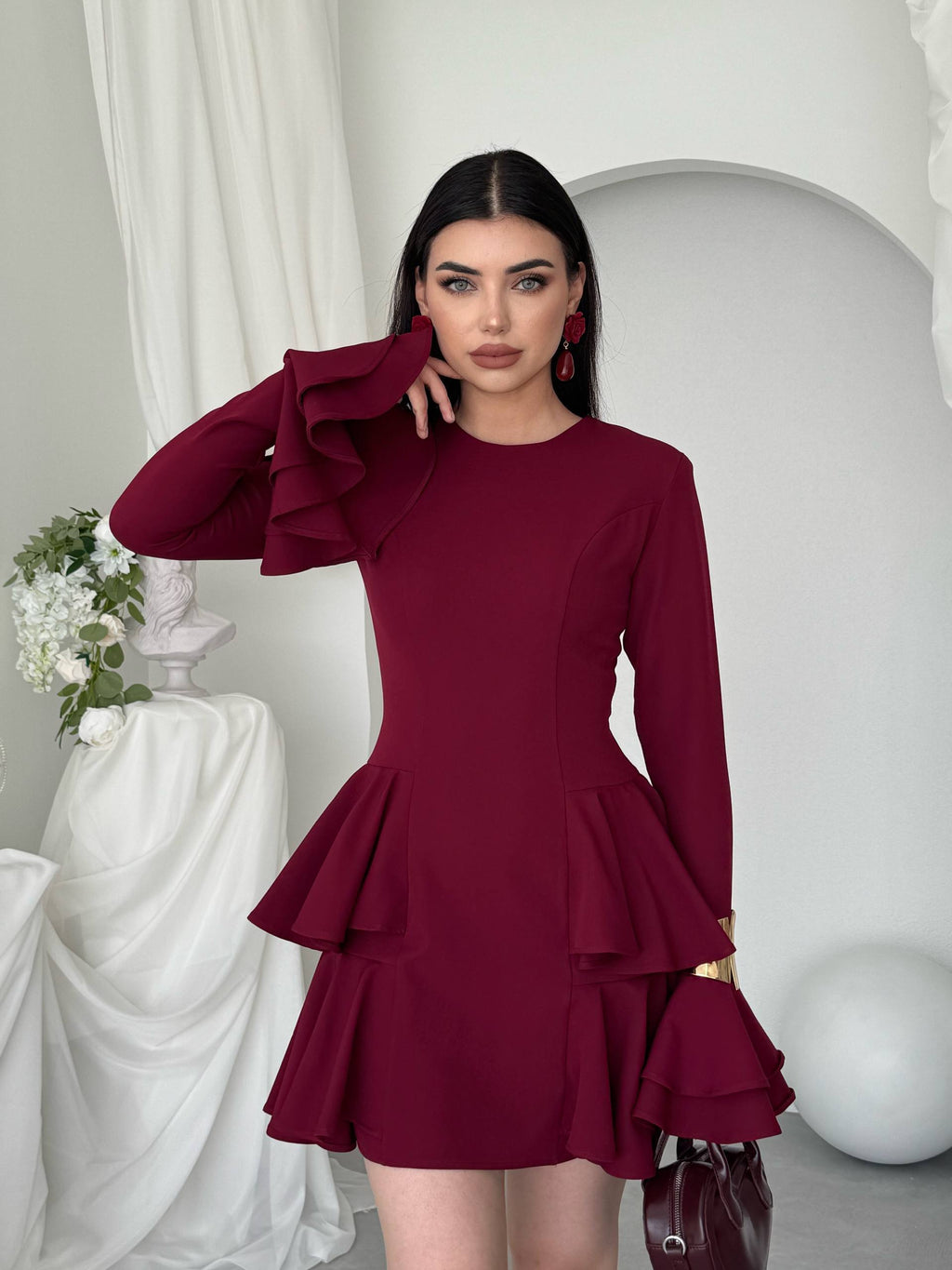 Çift Volanlı Kollu Mini Elbise - Peplum Detaylı Kadın Elbise