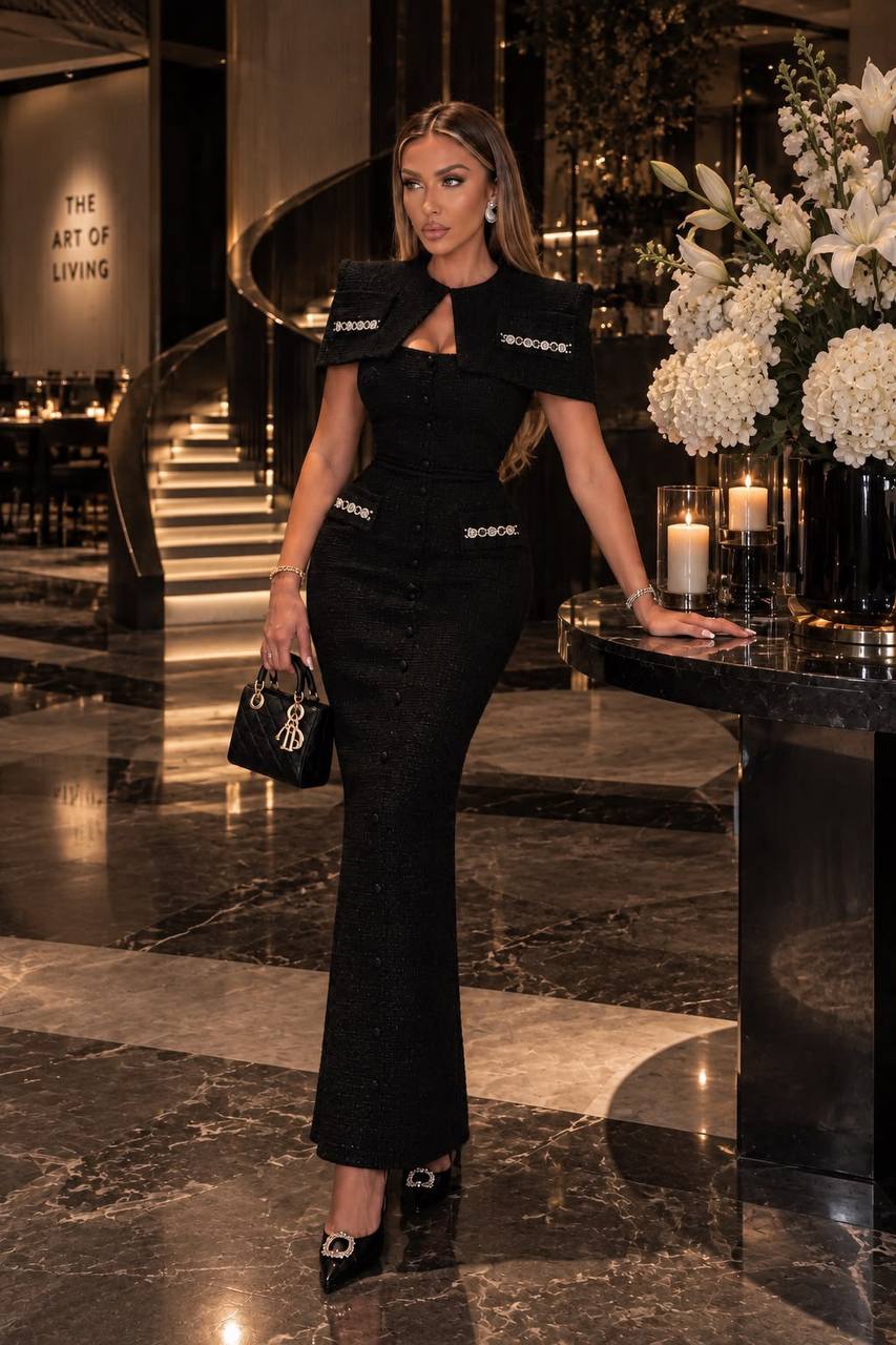 Chanel Kumaş İşlemeli Bolero Ceket ve Elbise İkili Takım - 2 Renk