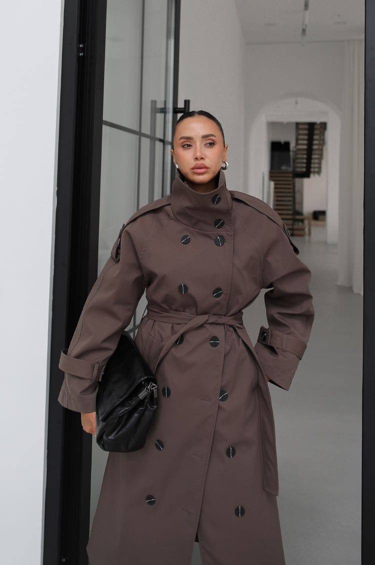 Yüksek Yaka Kruvaze Trençkot - Kahverengi Kadın Trench Coat