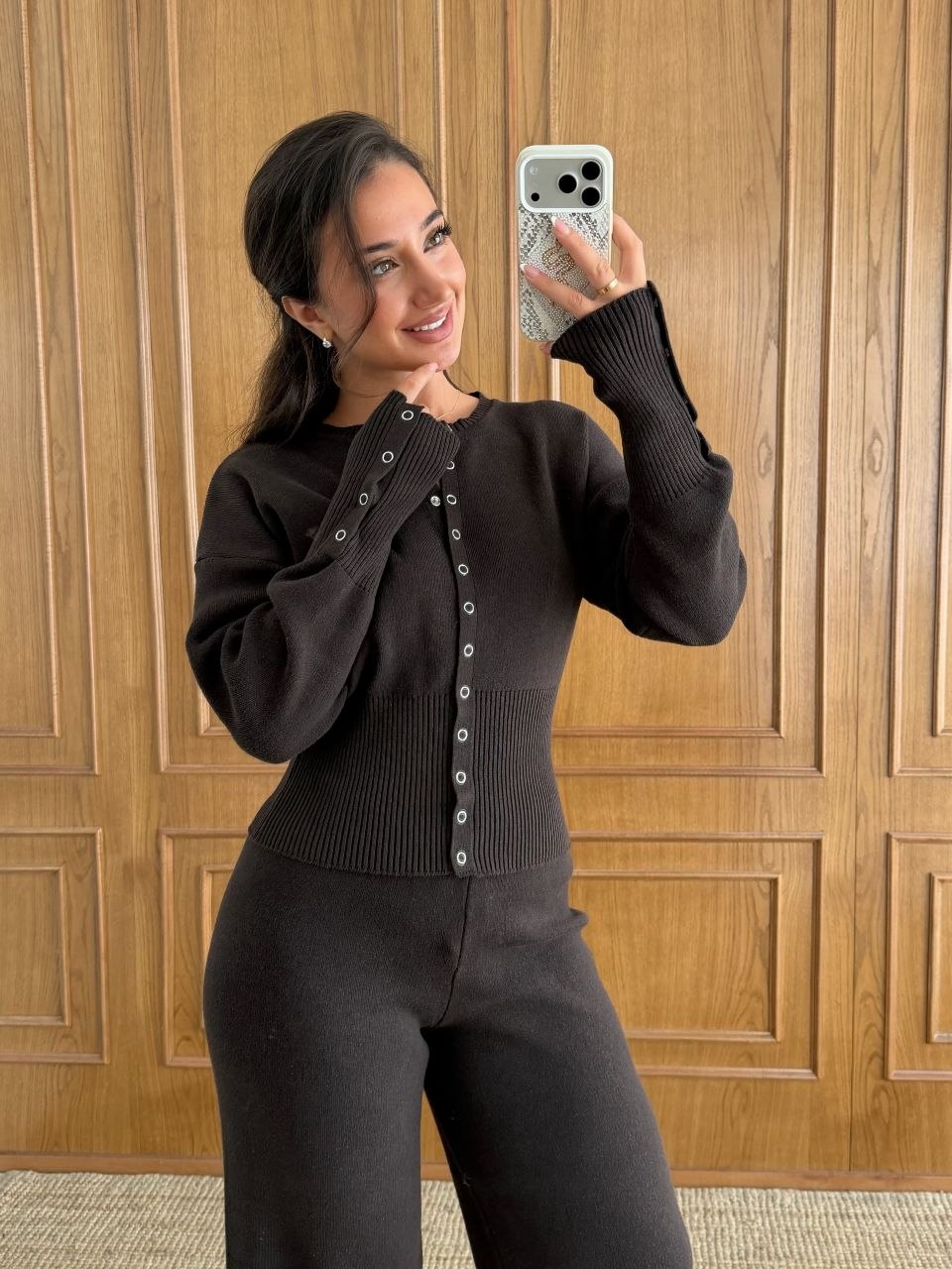 Çıtçıtlı Ribana Belli Triko Takım - Geniş Paça Pantolonlu
