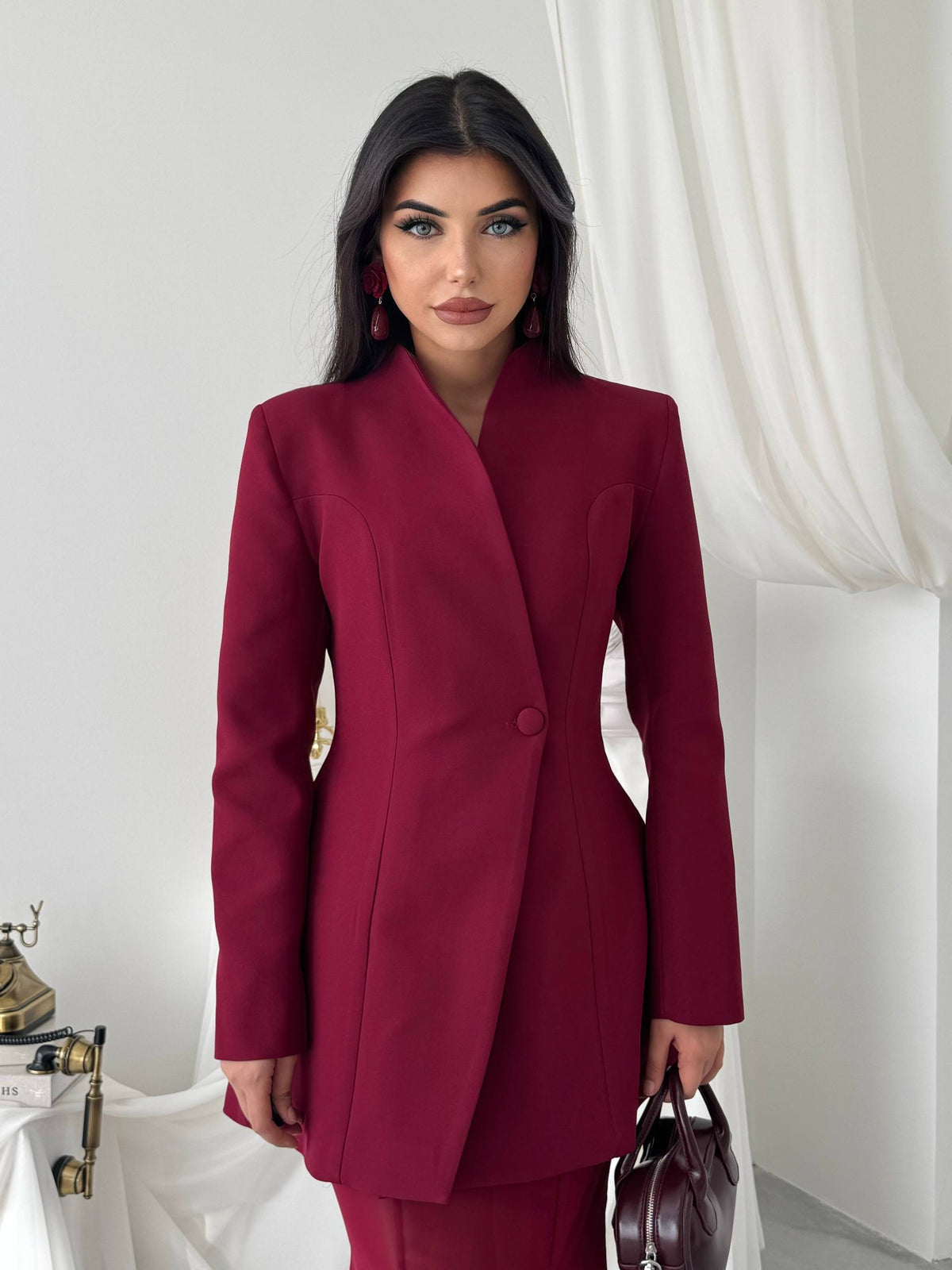 Yaka Detaylı Blazer Ceket Şifon Etek Takım - Uzun Kollu Kadın Takım Elbise