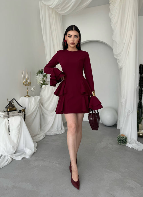 Çift Volanlı Kollu Mini Elbise - Peplum Detaylı Kadın Elbise