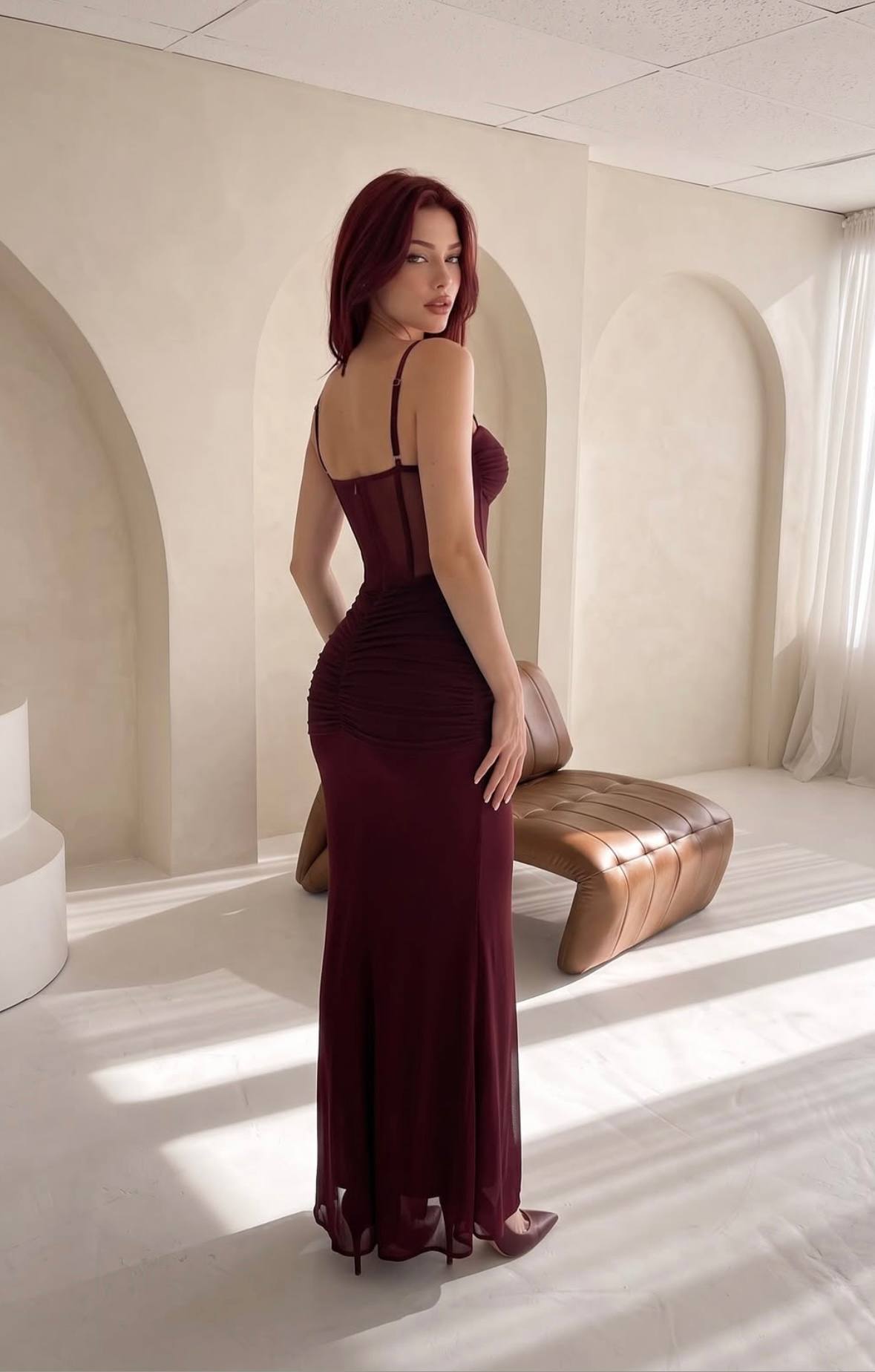 Korseli Drape Detaylı Saten Abiye Elbise