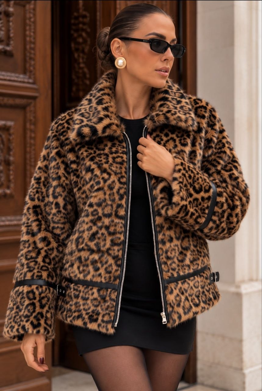 Leopar Deri Şeritli Kaban