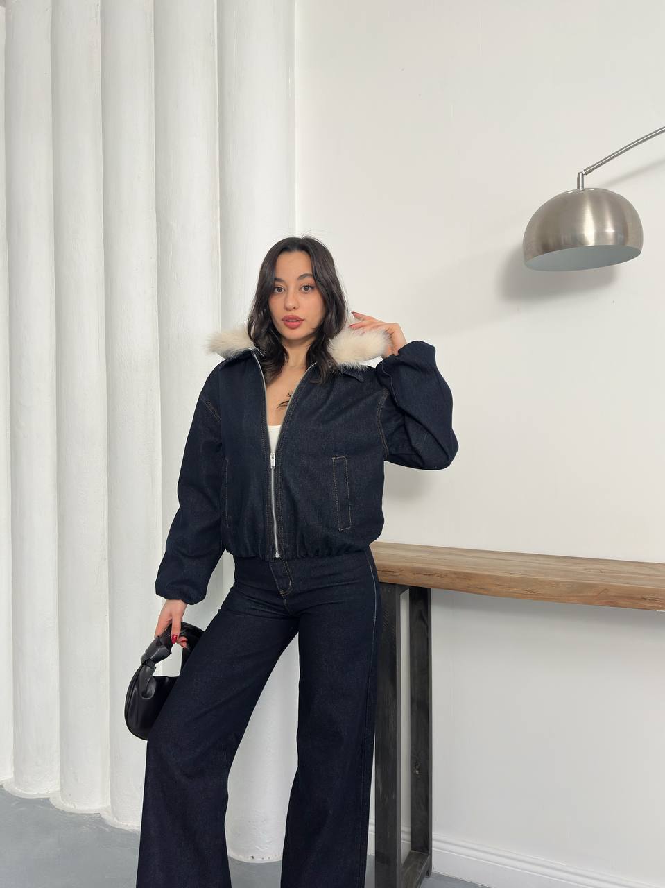 Kairi Kürk Yakalı Fermuarlı Bomber Ceket Pantolon Takımı - Kahverengi, Lacivert