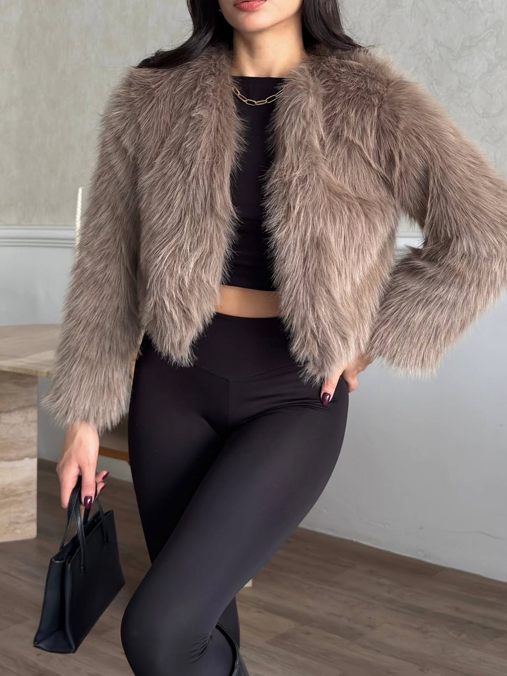Crop Peluş Suni Kürk Ceket