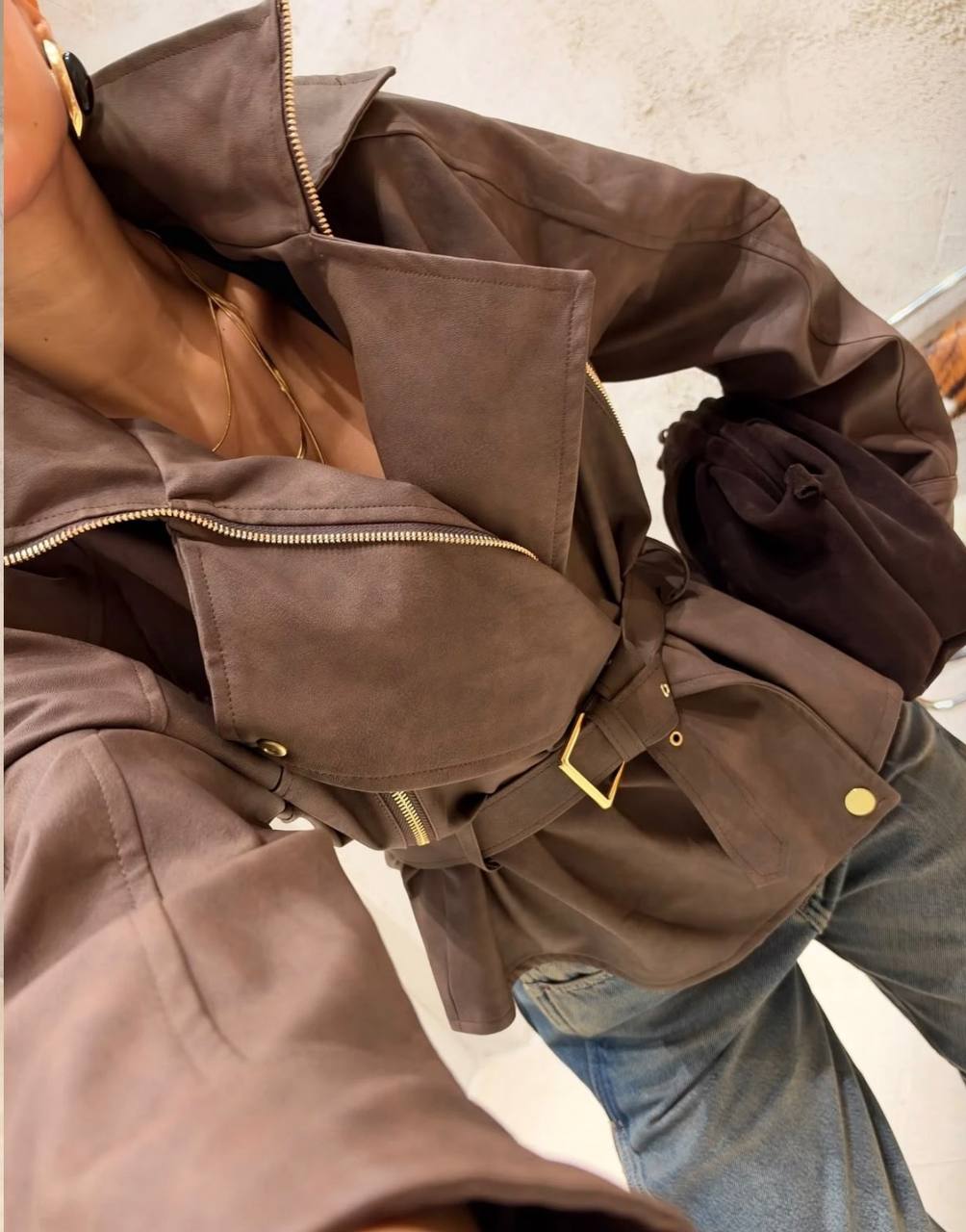 Kemerli Suni Deri Biker Ceket - Altın Fermuarlı Oversize Kadın Deri Ceket