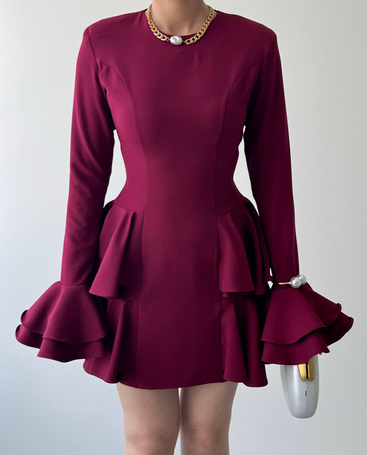Çift Volanlı Kollu Mini Elbise - Peplum Detaylı Kadın Elbise