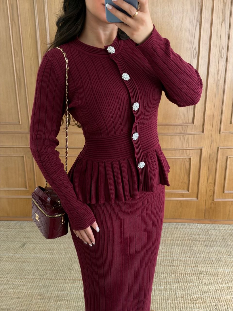 Bel Korsajlı Taş Düğmeli Triko Takım - Bordo