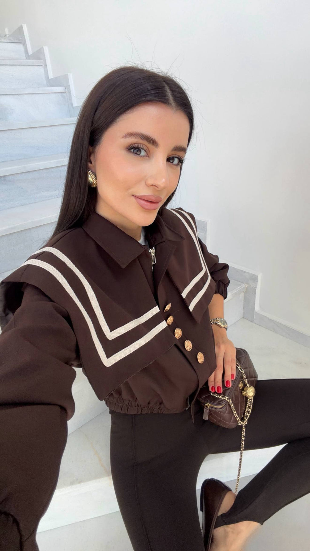 Denizci Yaka Gold Düğmeli Crop Ceket