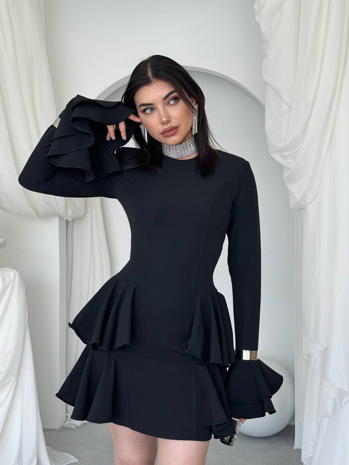 Çift Volanlı Kollu Mini Elbise - Peplum Detaylı Kadın Elbise