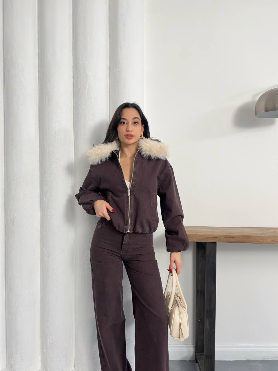 Kairi Kürk Yakalı Fermuarlı Bomber Ceket Pantolon Takımı - Kahverengi, Lacivert