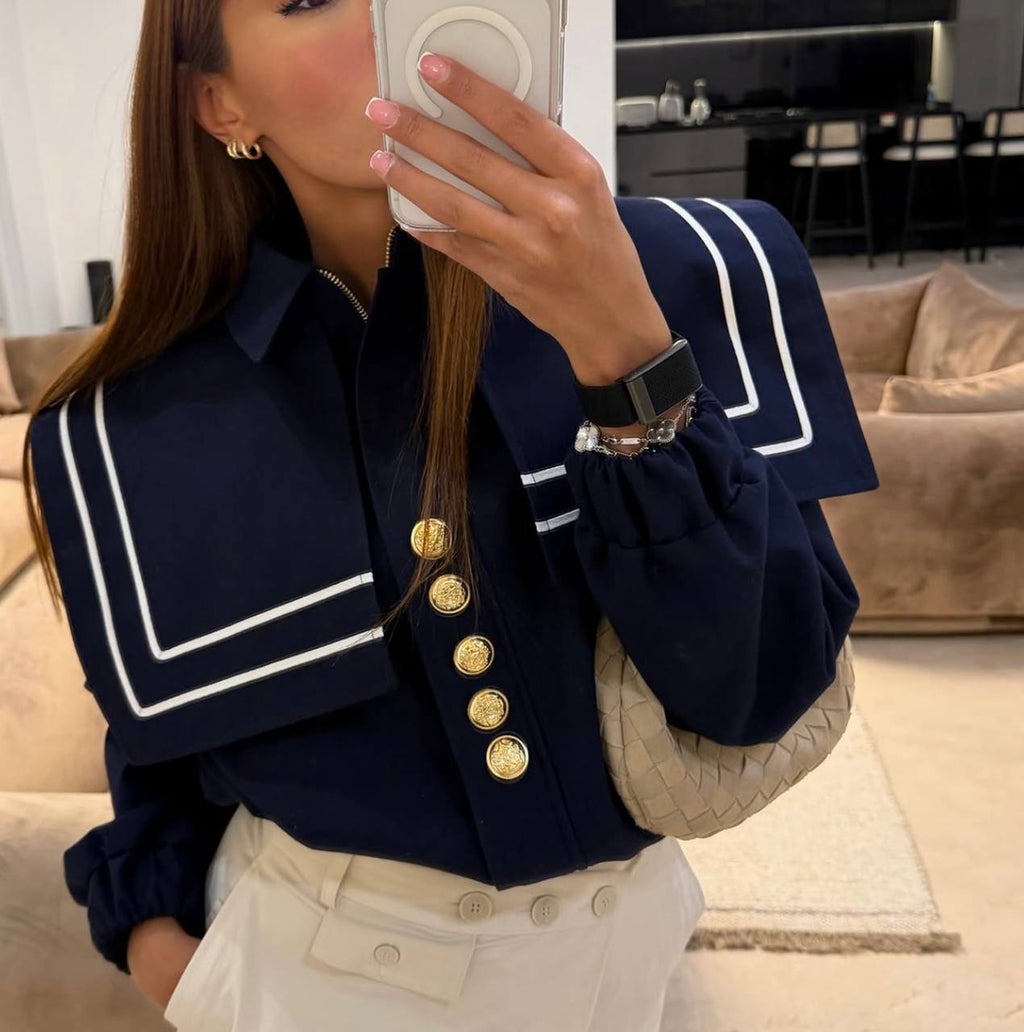 Denizci Yaka Gold Düğmeli Crop Ceket