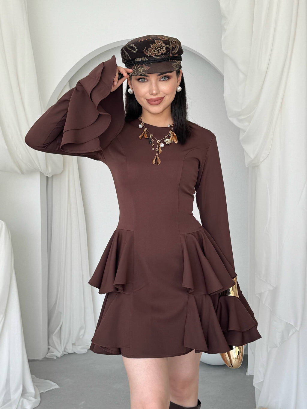 Çift Volanlı Kollu Mini Elbise - Peplum Detaylı Kadın Elbise