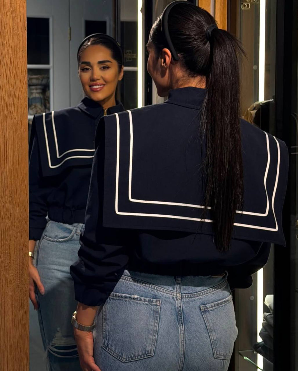 Denizci Yaka Gold Düğmeli Crop Ceket