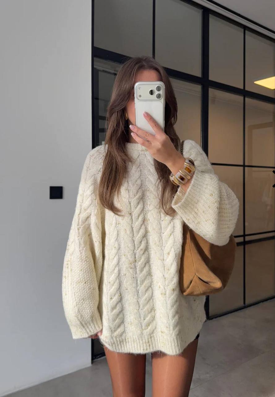 Oversize Saç Örgü Triko Kazak Yarasa Kol Kadın