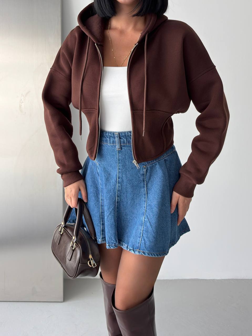 Korseli Fermuarlı Crop Sweat