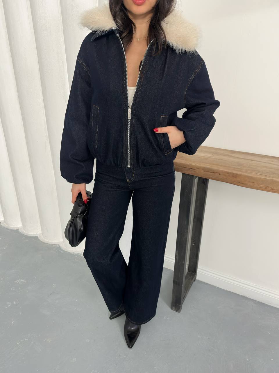 Kairi Kürk Yakalı Fermuarlı Bomber Ceket Pantolon Takımı - Kahverengi, Lacivert