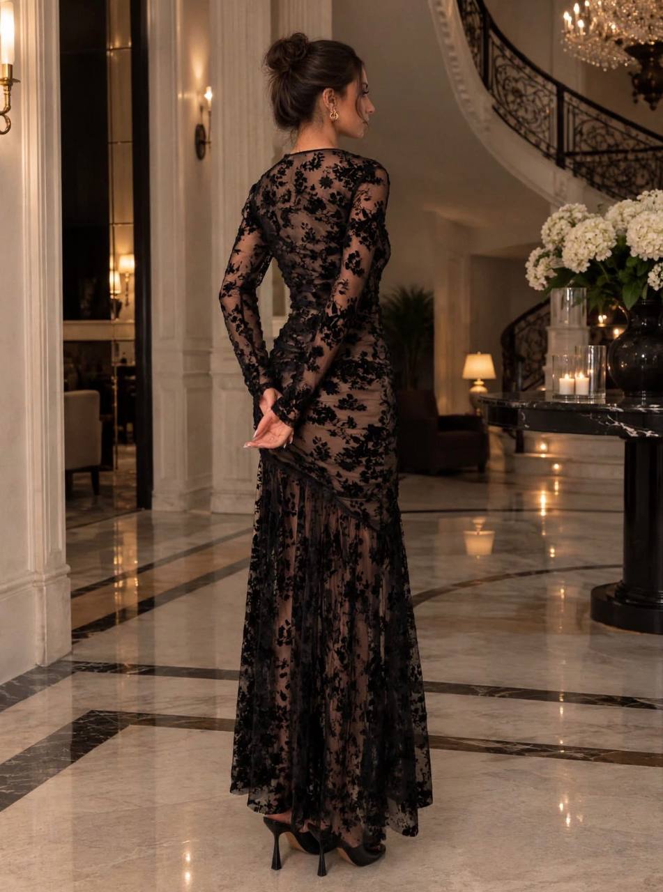 Flok Tül Gizli Fermuarlı Drapeli Maxi Abiye Elbise