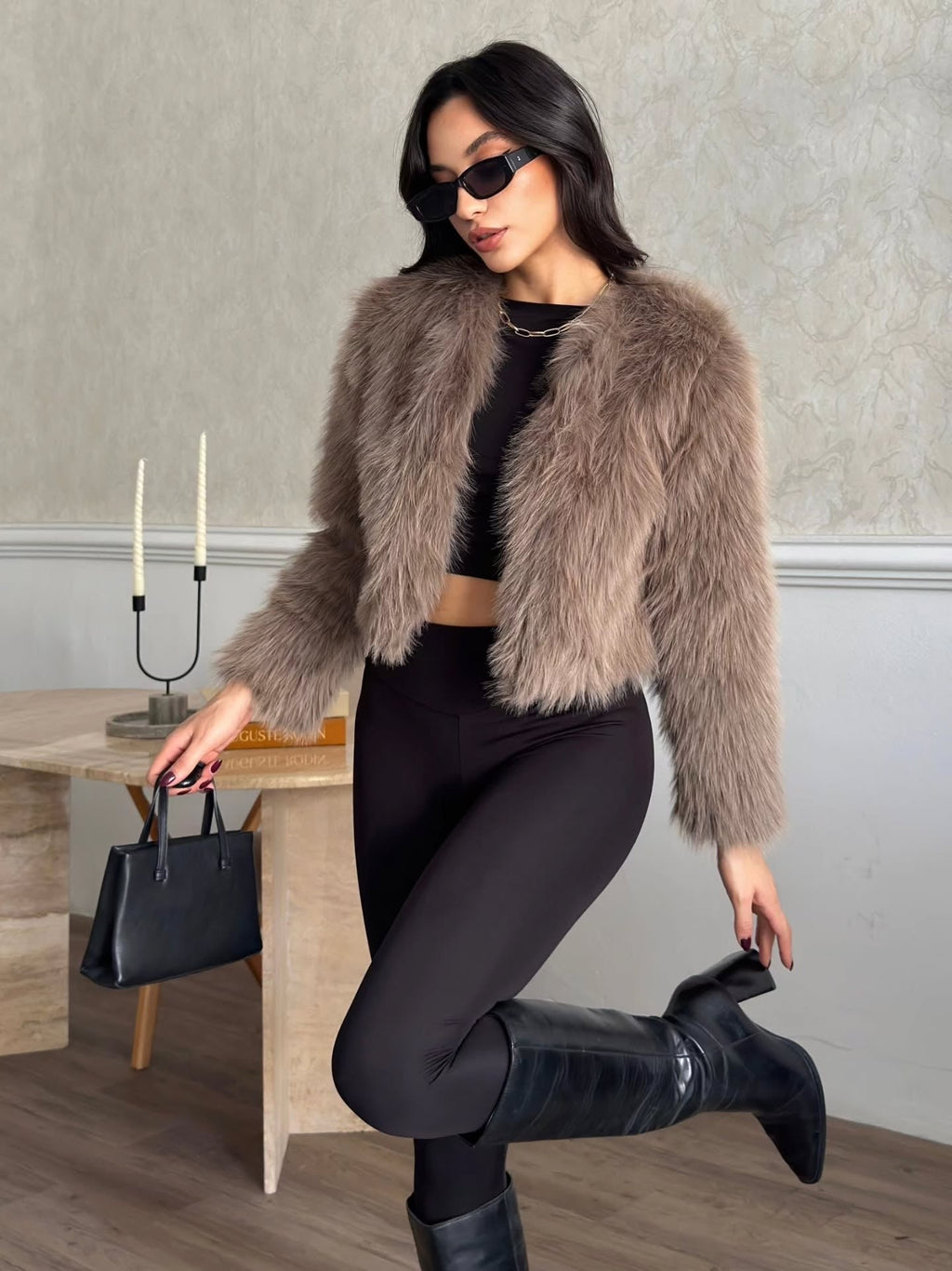 Crop Peluş Suni Kürk Ceket