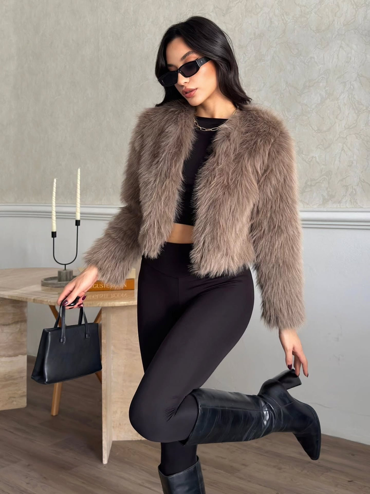 Crop Peluş Suni Kürk Ceket