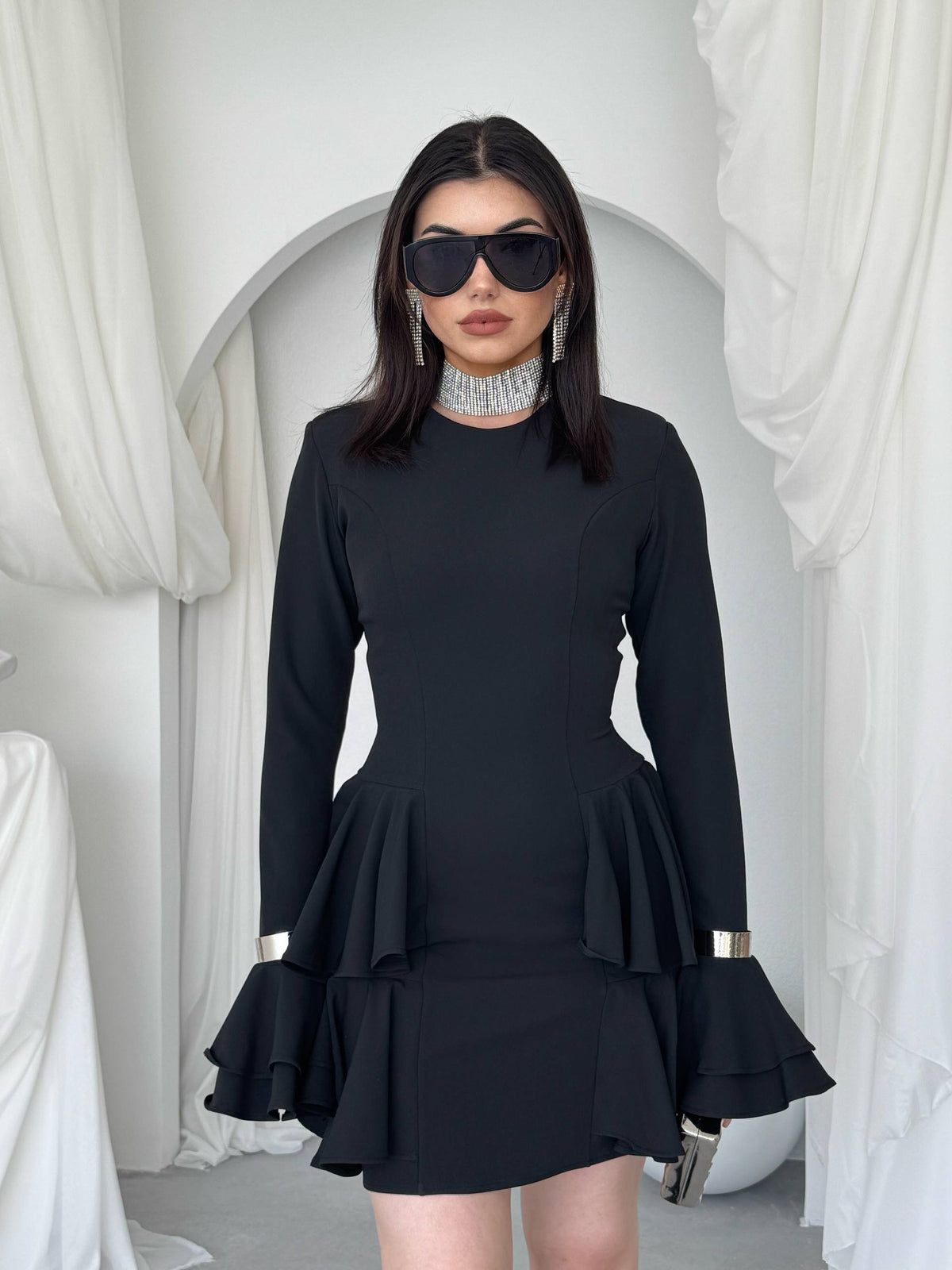 Çift Volanlı Kollu Mini Elbise - Peplum Detaylı Kadın Elbise