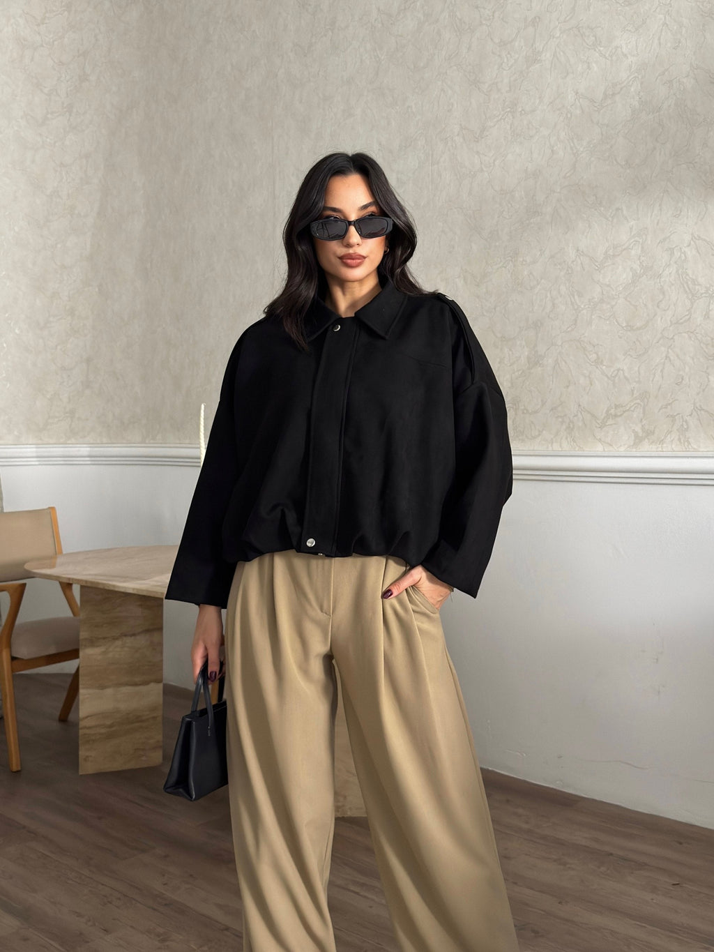 Düşük Omuz Süet Bomber Ceket