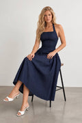 Halter Yaka Sırtı Bağcıklı Denim Midi Elbise - Lacivert