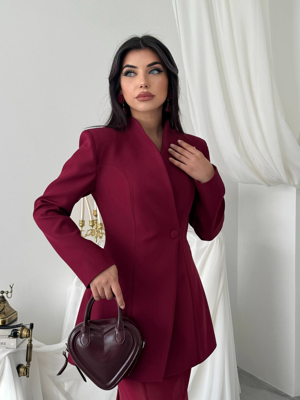 Yaka Detaylı Blazer Ceket Şifon Etek Takım - Uzun Kollu Kadın Takım Elbise