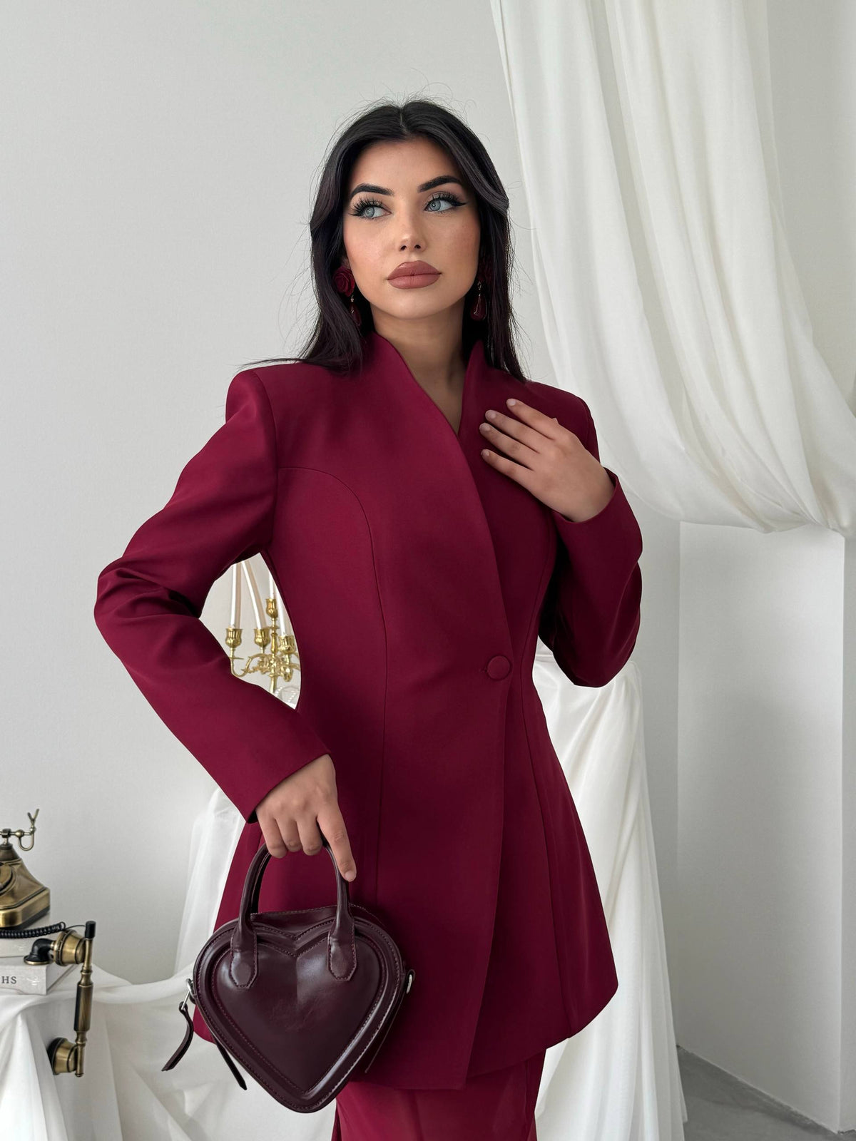 Yaka Detaylı Blazer Ceket Şifon Etek Takım - Uzun Kollu Kadın Takım Elbise