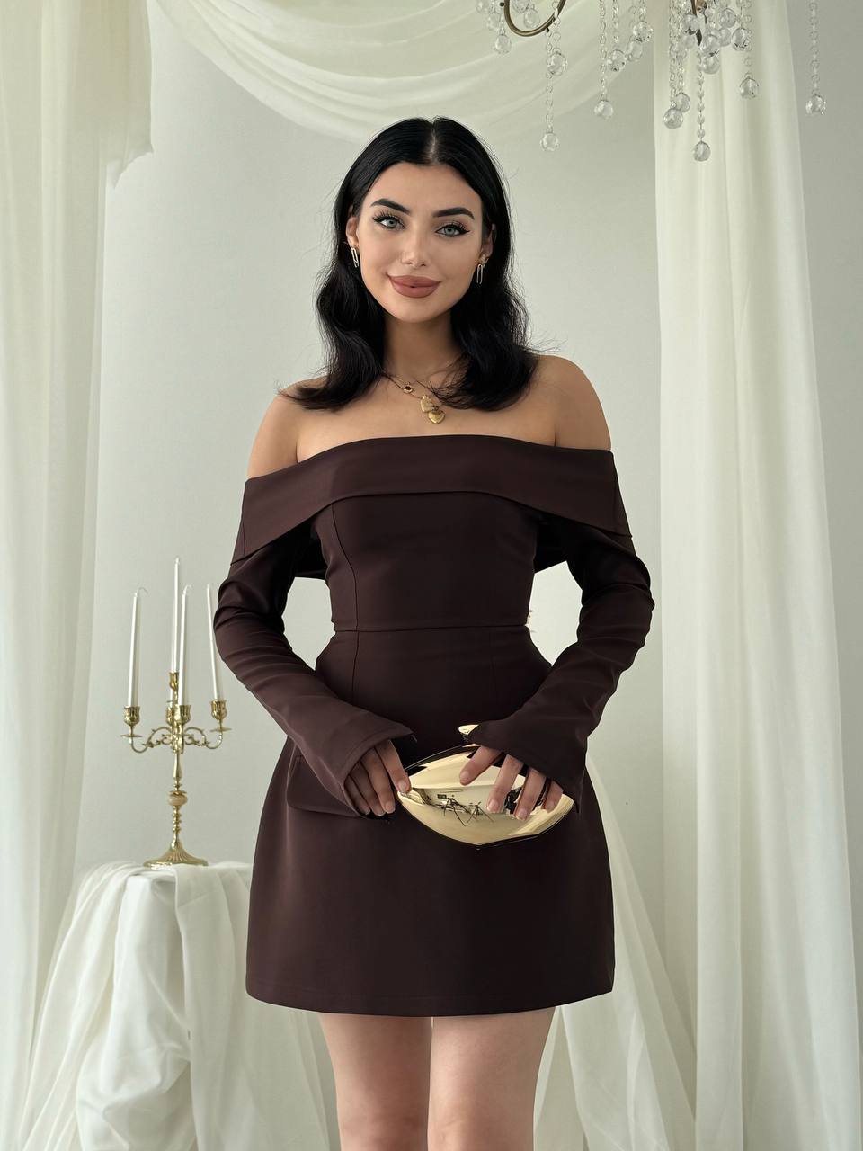 Karmen Yaka Cepli Mini Elbise - Uzun Kollu Kadın Elbise