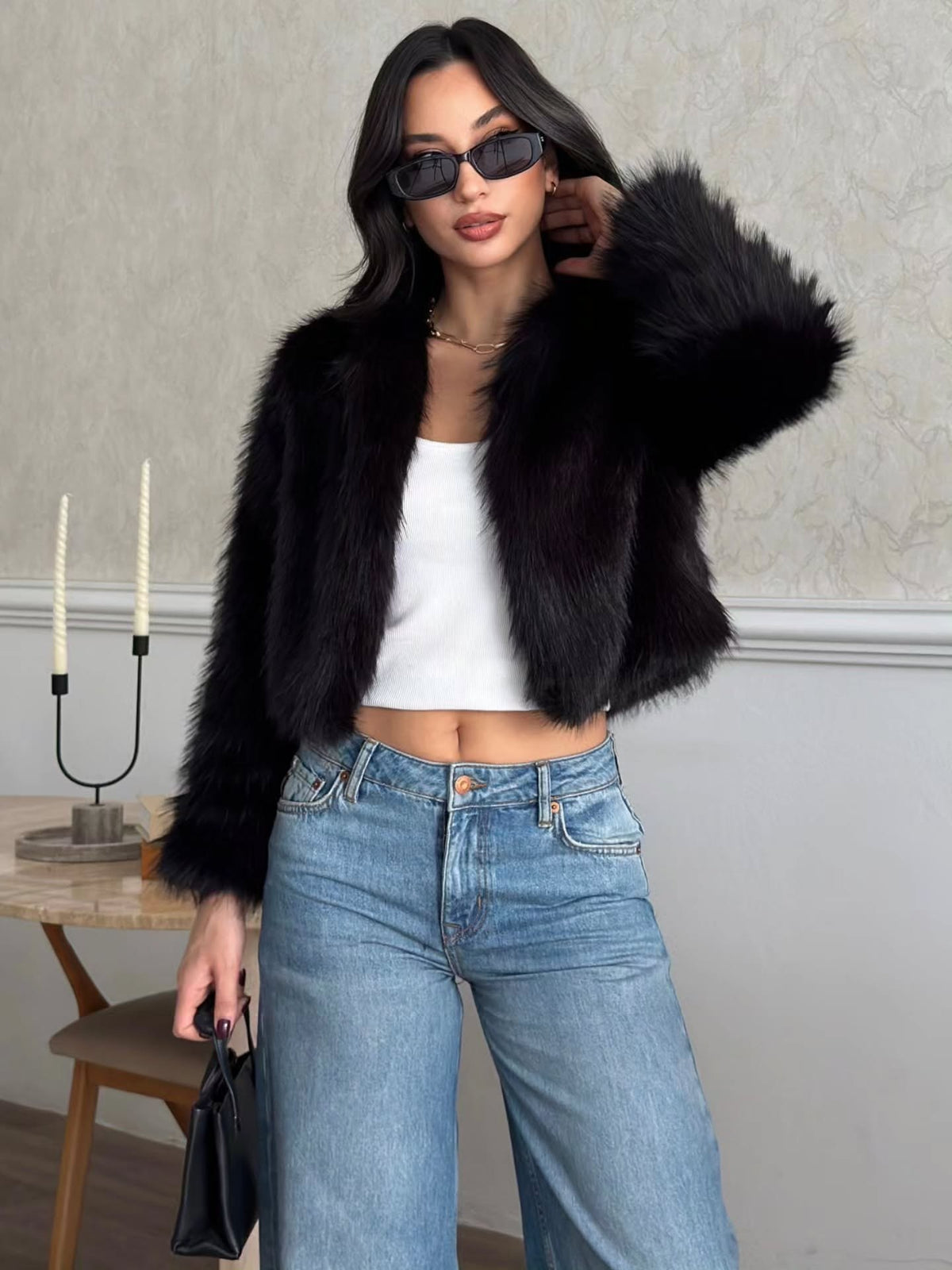 Crop Peluş Suni Kürk Ceket